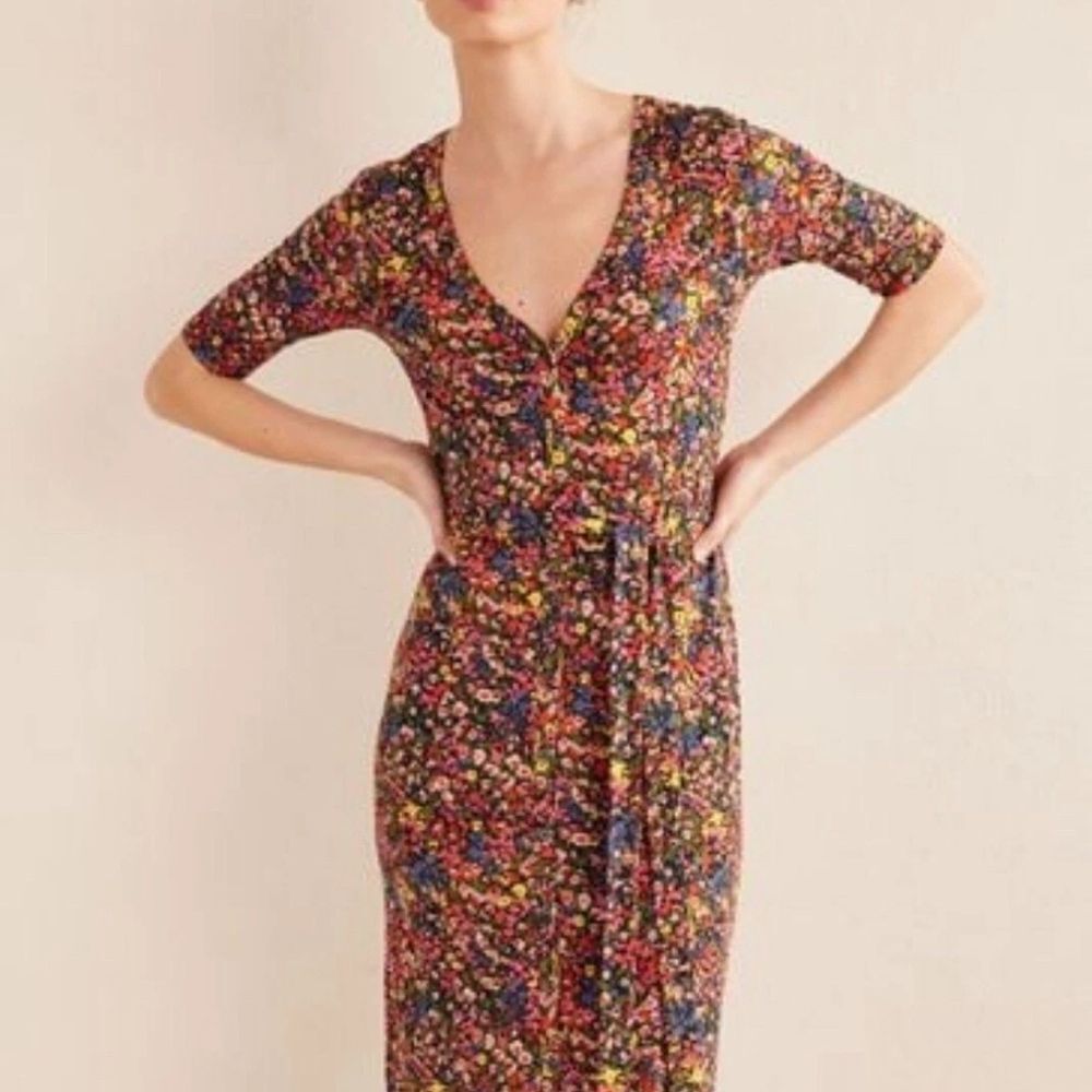 Boden Ecovero Floral V-Neck Buttondown Jersey Midi Dress Size 2 - Picture 1 of 4